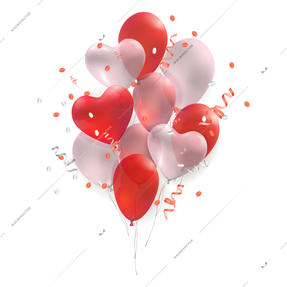 Celebration party realistic composition consisting of red and white air balloons in shape of heart vector illustration