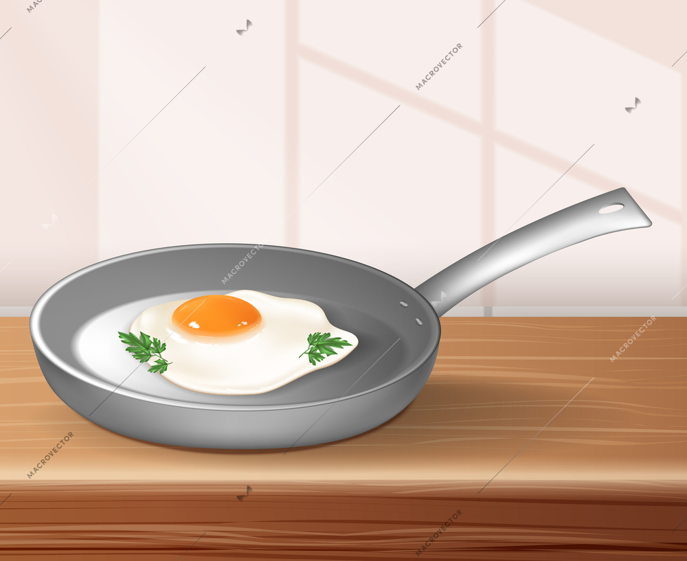 Breakfast morning background with fresh fried egg on kitchen pan realistic vector illustration