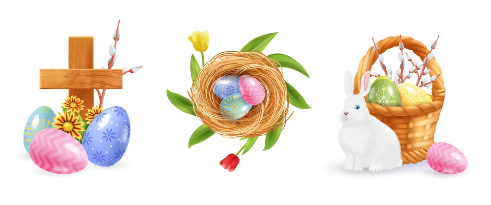 Realistic easter set with three isolated compositions of colored egg icons wooden cross nest and basket vector illustration