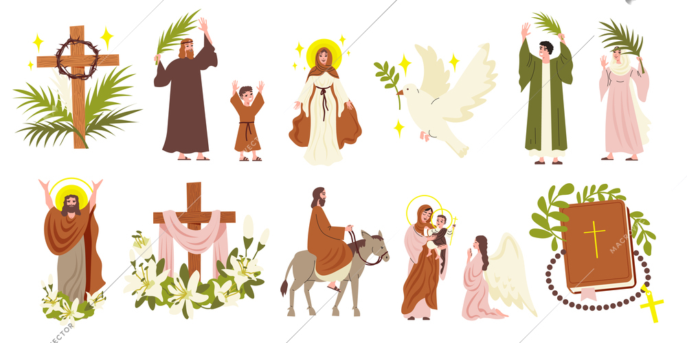 Easter flat icons set with Jesus Christ and Virgin Mary characters isolated vector illustration