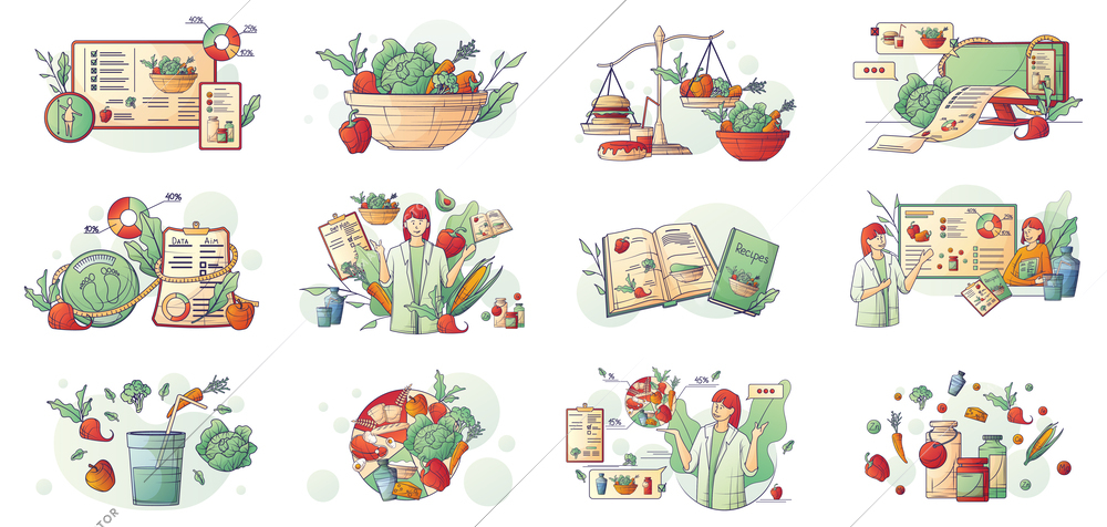 Nutritionist dietitian dietologist set of isolated compositions with characters of female doctor ripe food recipes charts vector illustration
