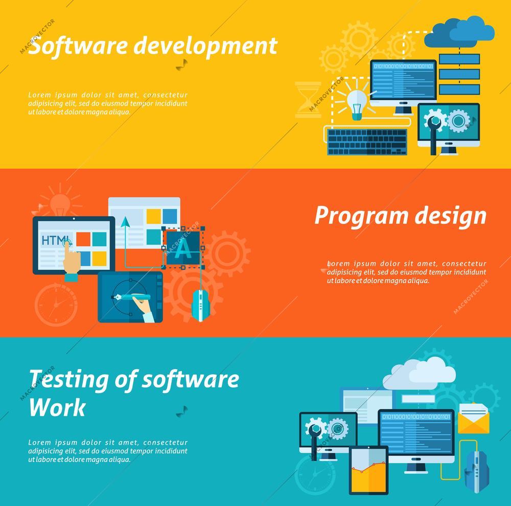 Program development horizontal banner set with software testing flat elements isolated vector illustration