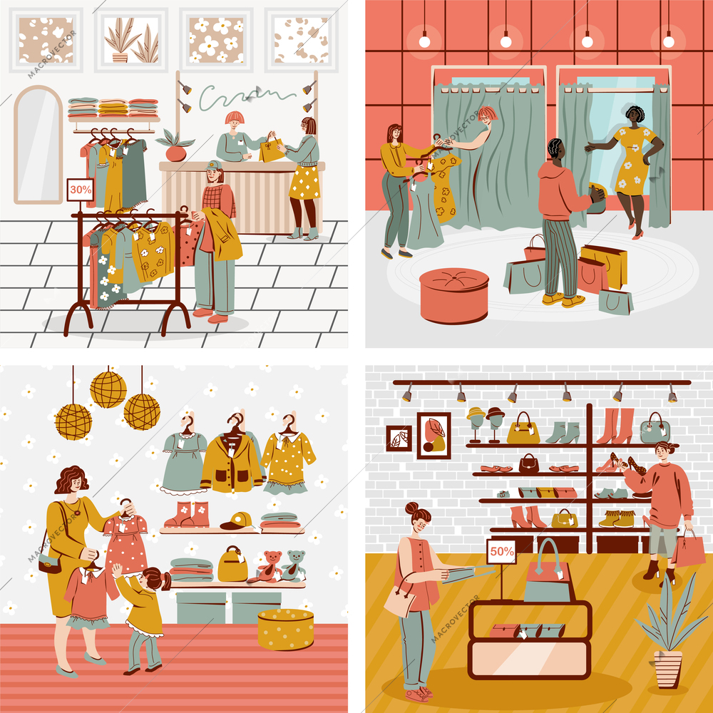 Shopping people 2x2 design concept set of four scenes with buyers in fashion store interior flat vector illustration