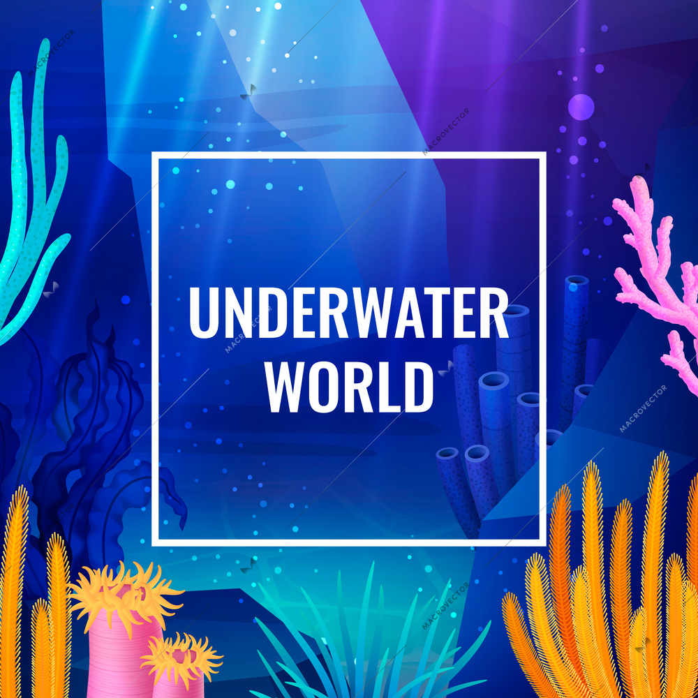 Underwater world poster with cartoon coral reefs vector illustration