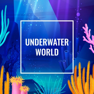 Underwater world poster with cartoon coral reefs vector illustration