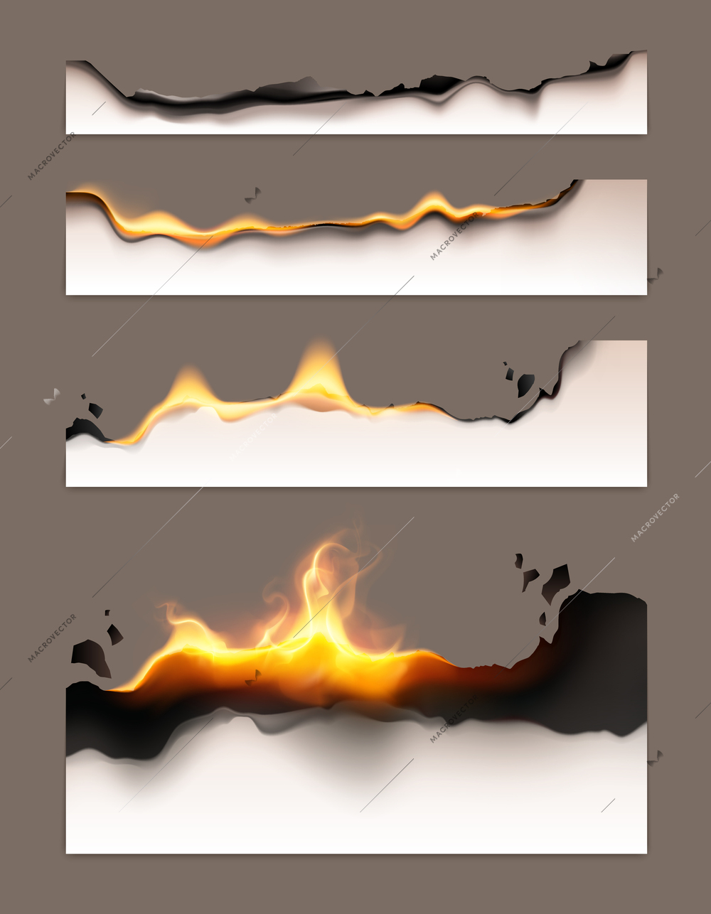 Burned paper realistic icon set paper lit on edge smoldering and with fire vector illustration