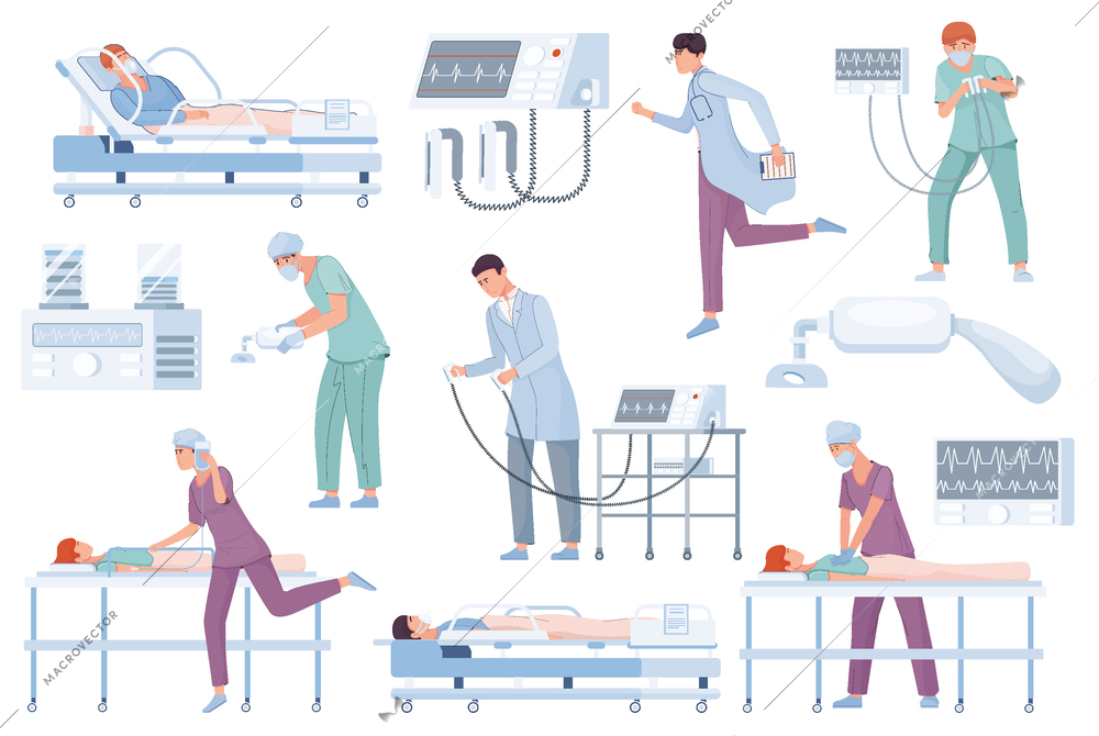 Set with isolated resuscitation intensive care flat icons of operating suite equipment lying patients and doctors vector illustration