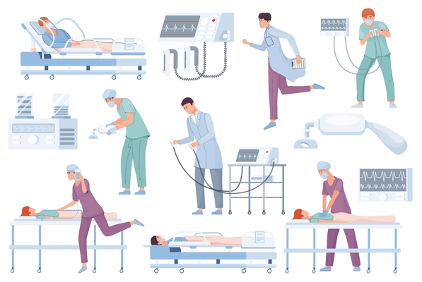 Set with isolated resuscitation intensive care flat icons of operating suite equipment lying patients and doctors vector illustration