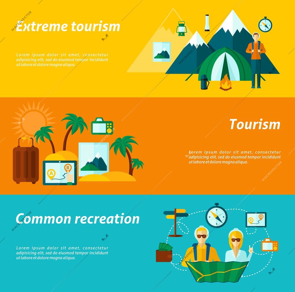 Tourist horizontal banner set with extreme and common recreation elements isolated vector illustration