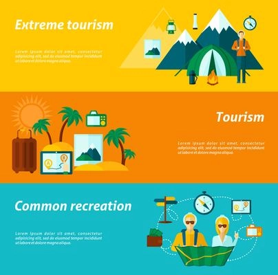 Tourist horizontal banner set with extreme and common recreation elements isolated vector illustration