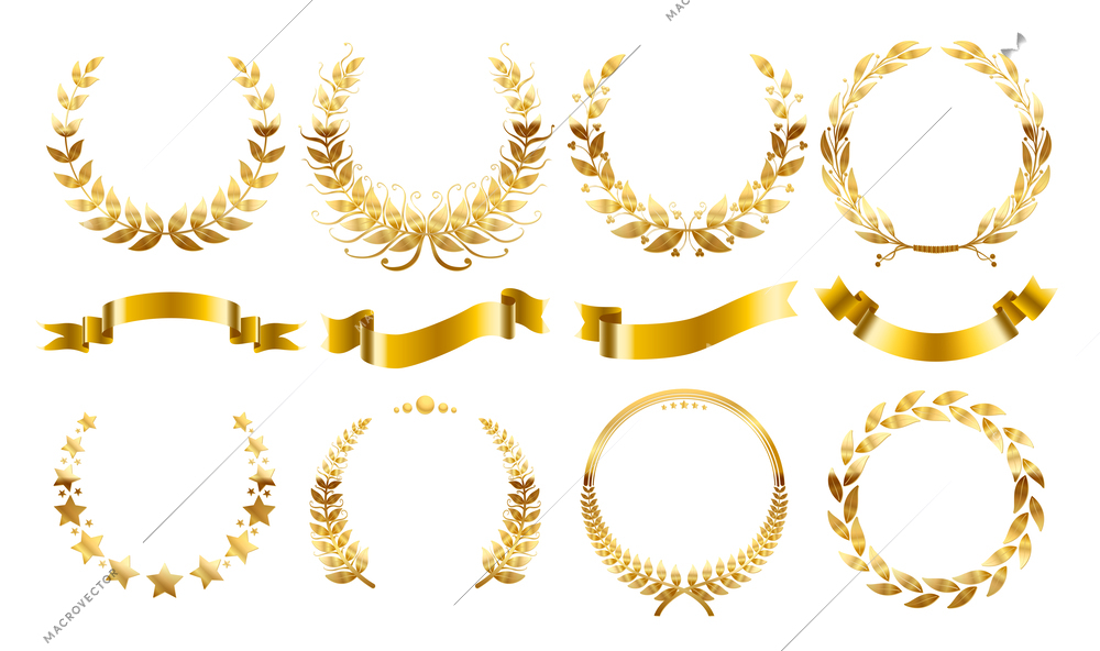 Ribbon wreath winner set of isolated circle shaped floral elements and shiny ribbons on blank background vector illustration