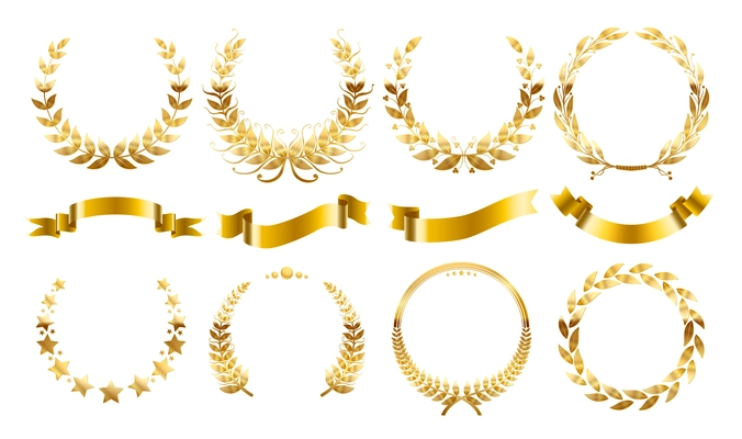 Ribbon wreath winner set of isolated circle shaped floral elements and shiny ribbons on blank background vector illustration