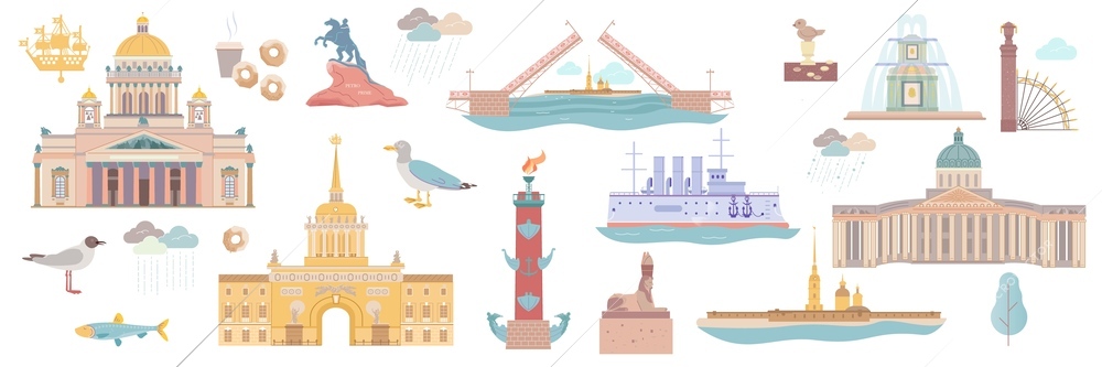 Saint petersburg flat set of isolated icons with birds fishes drawing bridges fountains and castle buildings vector illustration