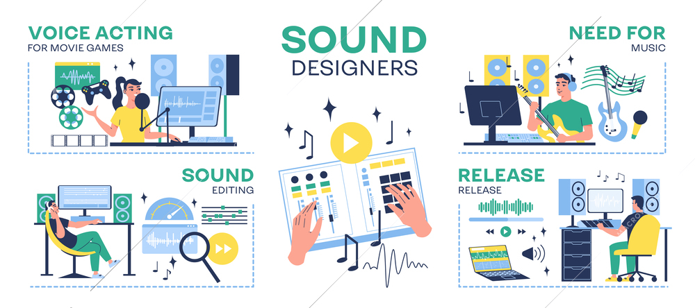 Sound designers infographic set with sound editing symbols flat vector illustration