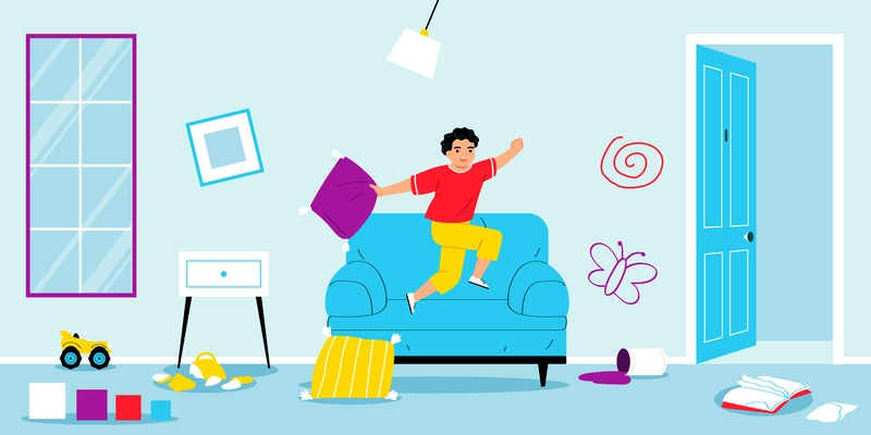 Autism hyperactivity composition with living room interior scenery and boy jumping on armchair throwing objects down vector illustration