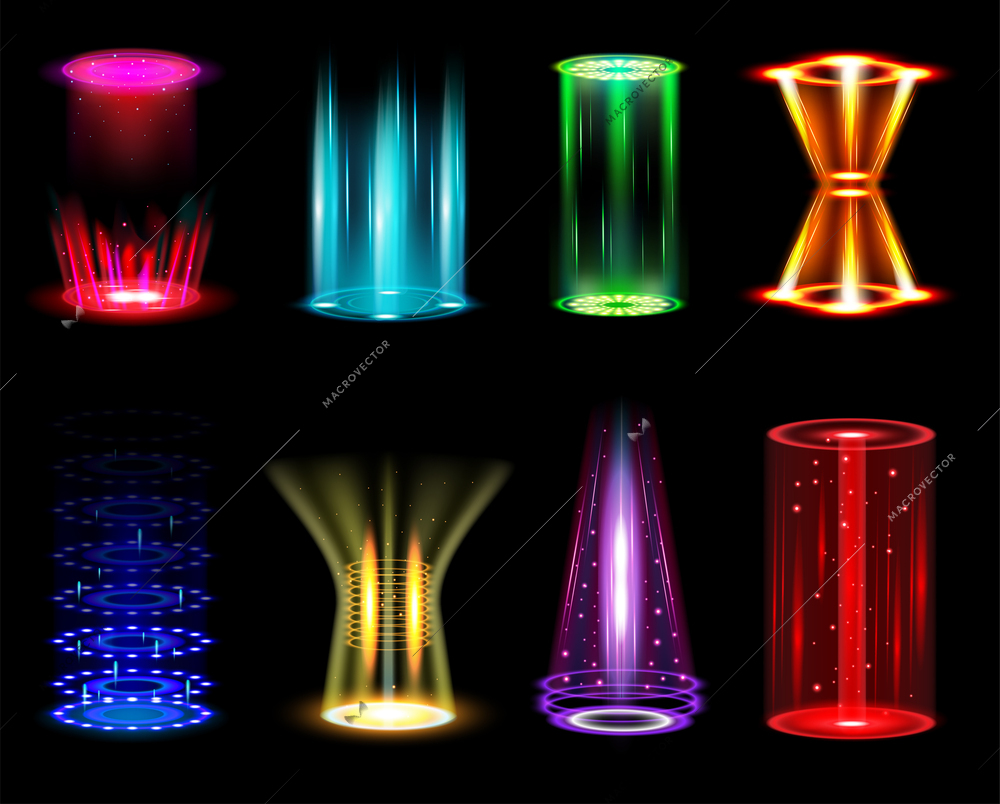 Realistic teleportation portals set of isolated images with neon colored shapes glowing lights on dark background vector illustration