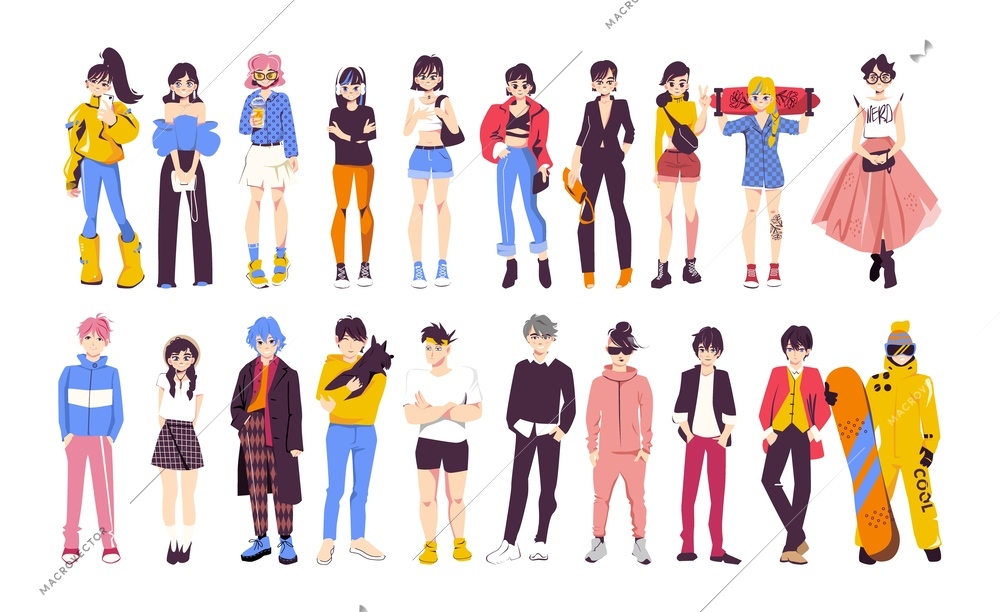 Anime people flat set of young trendy male and female characters isolated vector illustration