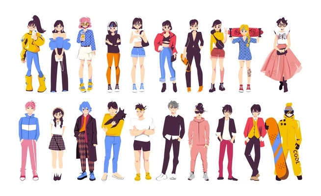 Anime people flat set of young trendy male and female characters isolated vector illustration