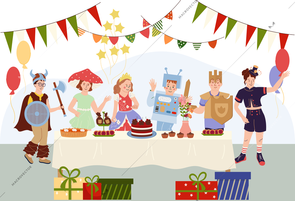 Kids wearing costumes of fairytale characters at holiday party with gifts balloons and festive dinner flat composition vector illustration