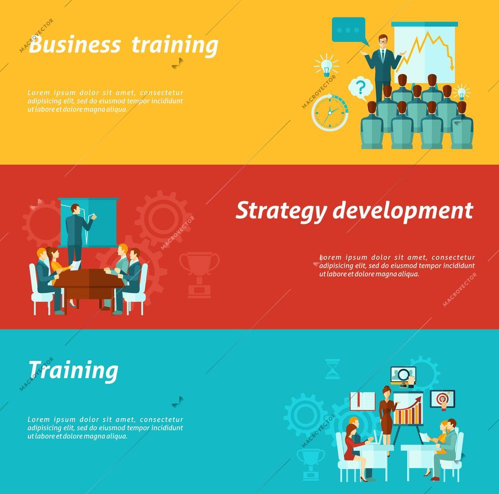 Business training horizontal banners set with strategy development elements isolated vector illustration