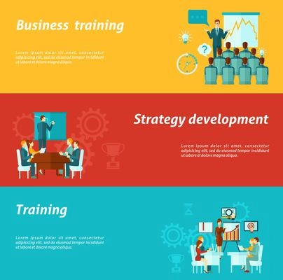 Business training horizontal banners set with strategy development elements isolated vector illustration