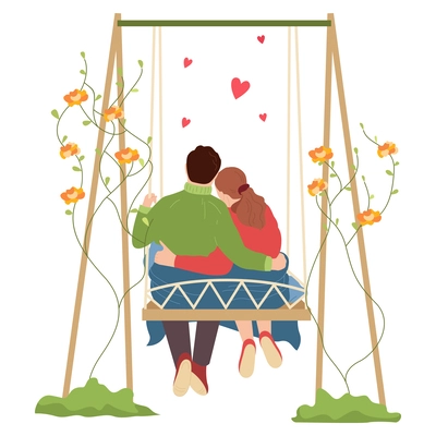 Romantic couple hugging during date on wooden swings back view flat vector illustration