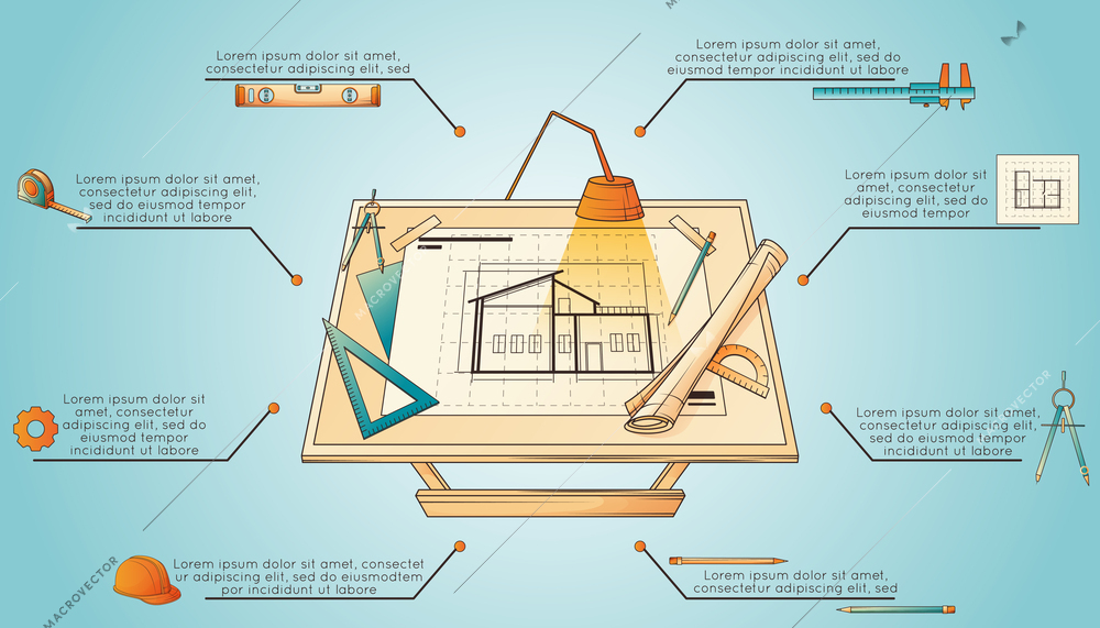 Architectural project flat horizontal infographic with architect work place instruments and tools vector illustration