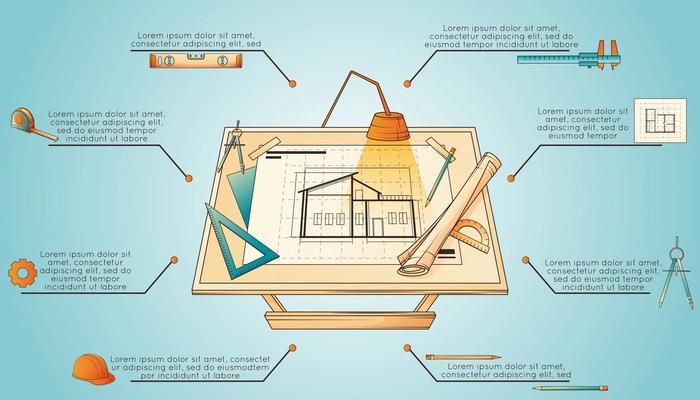 Architectural project flat horizontal infographic with architect work place instruments and tools vector illustration