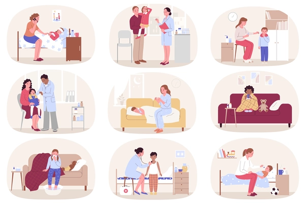 Sick child flat set with isolated compositions of kid getting ill with parents and doctors characters vector illustration