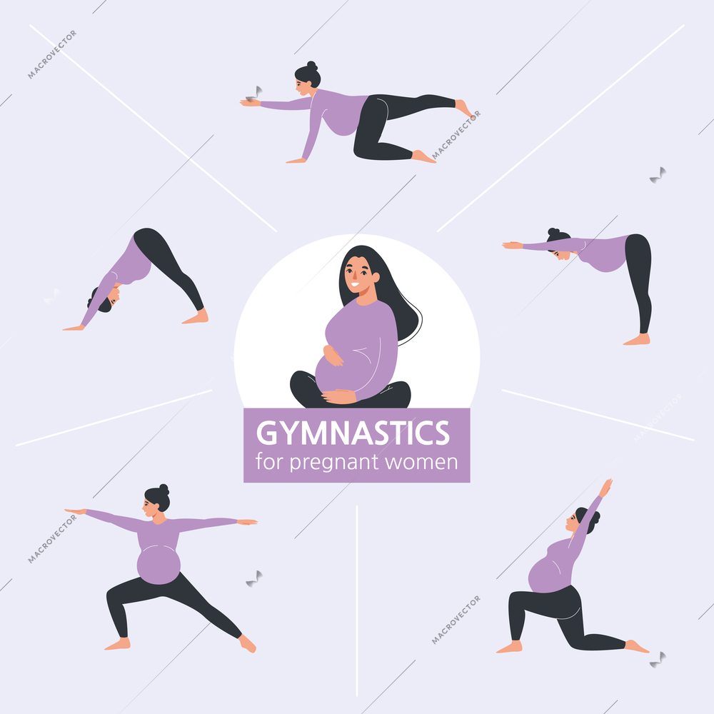 Pregnant courses infographic set with gymnastics symbols flat vector illustration