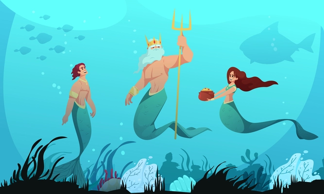 Underwater world cartoon with poseidon god and mermaids vector illustration