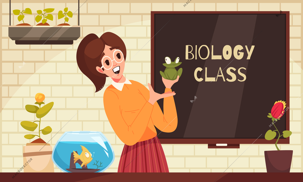 School teacher concept with woman conducting biology class cartoon vector illustration