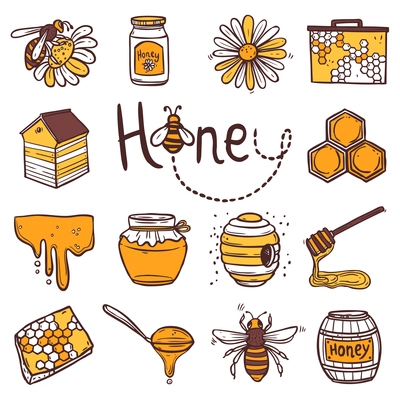 Honey hand drawn decorative icons set with beehive wax cell flying bee isolated vector illustration