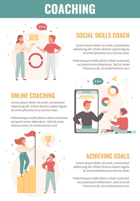 Coaching flat cartoon concept with achieving and social skill training vector illustration