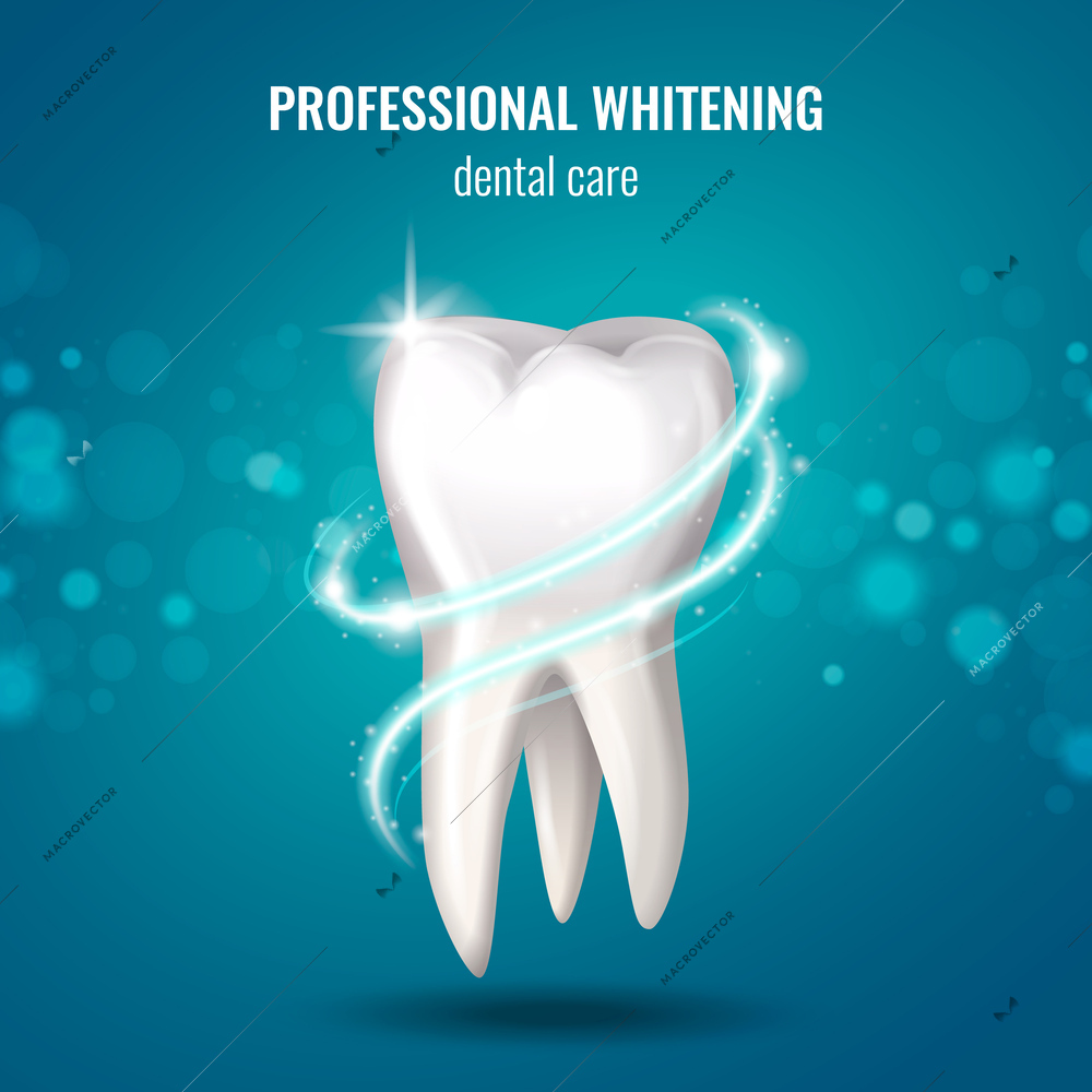 Dental care concept with white glowing human tooth realistic vector illustration