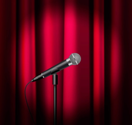 Microphone realistic poster with audio equipment on red curtain background vectro illustration