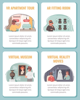 Virtual augmented reality cartoon banner set with cyberspace museums and movies isolated vector illustration