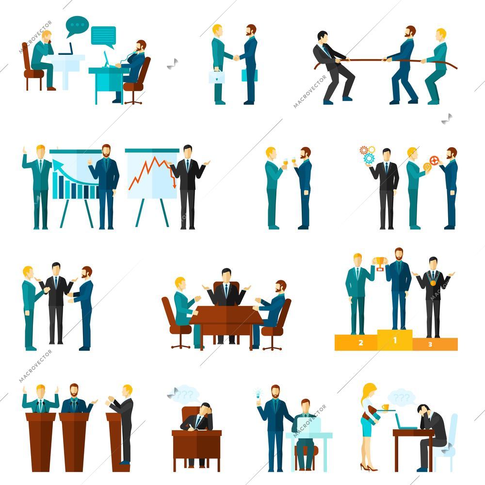 Business collaboration teamwork and agreement flat icons set isolated vector illustration