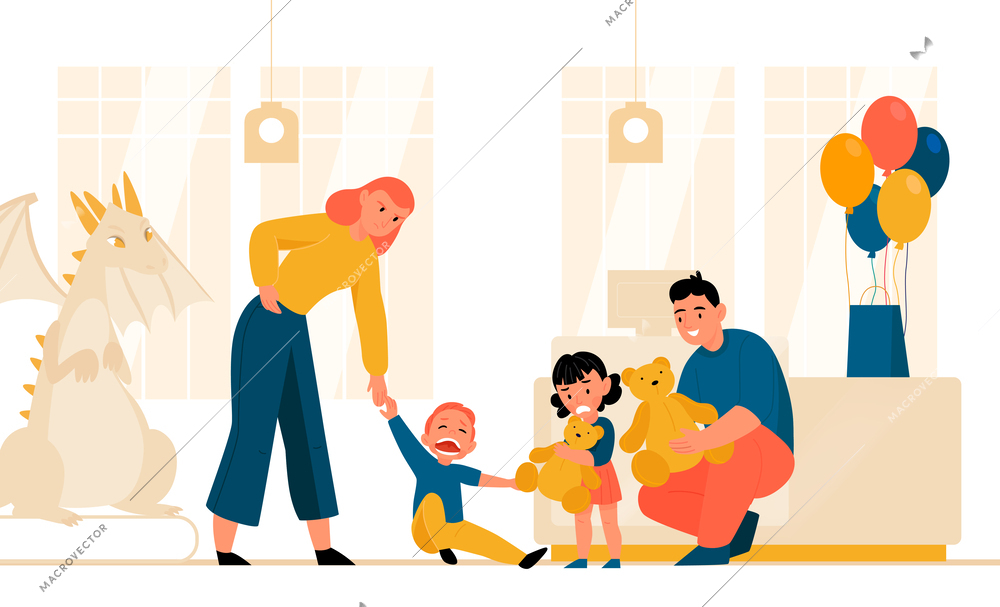 Stressed parenting concept with angry tired mum and crying capricious children flat vector illustration