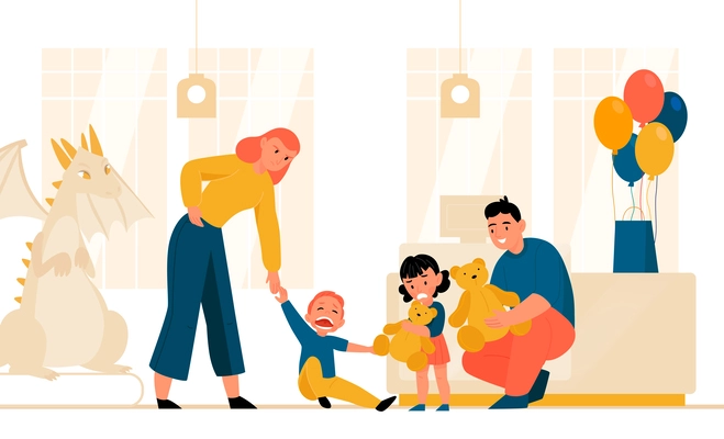 Stressed parenting concept with angry tired mum and crying capricious children flat vector illustration