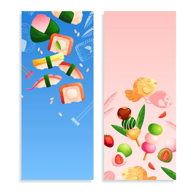 Set of two flat cute banners with asian food dishes on pink and blue background isolated vector illustration