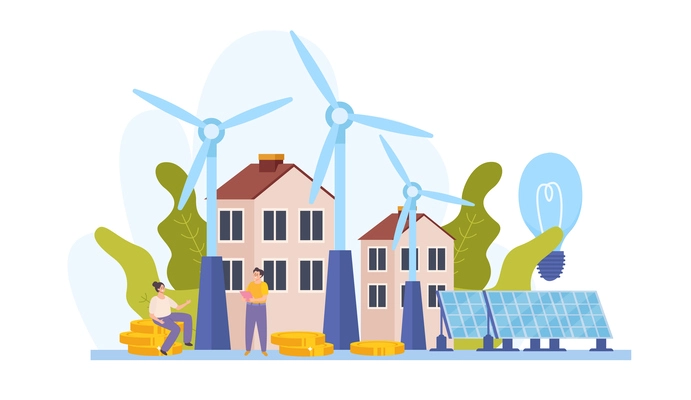 Economy of energy flat composition with outdoor scenery wind turbines solar batteries among houses and people vector illustration