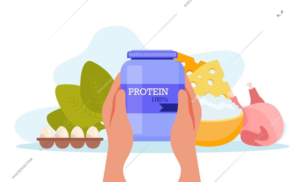 Sport nutrition flat composition with view of food and human hands holding can with protein supplement vector illustration