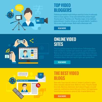 Video blog horizontal banners set with online video elements isolated vector illustration