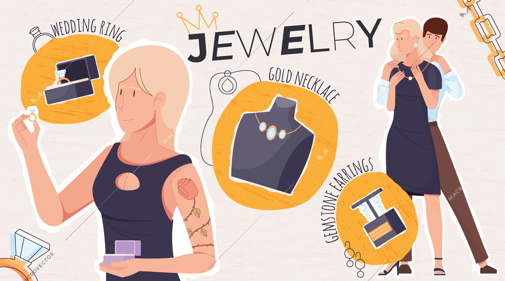 Jewelry shop composition with collage of flat icons doodle human characters text and goods for sale vector illustration