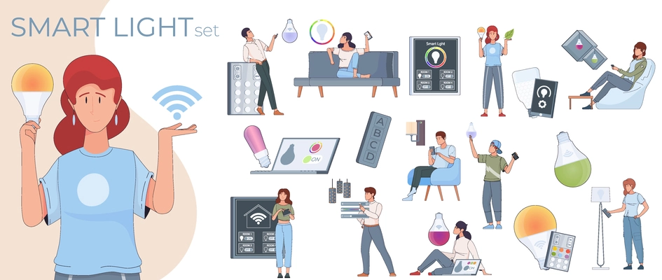 Smart light control set with isolated compositions of lamp bulbs remote applications and characters of users vector illustration