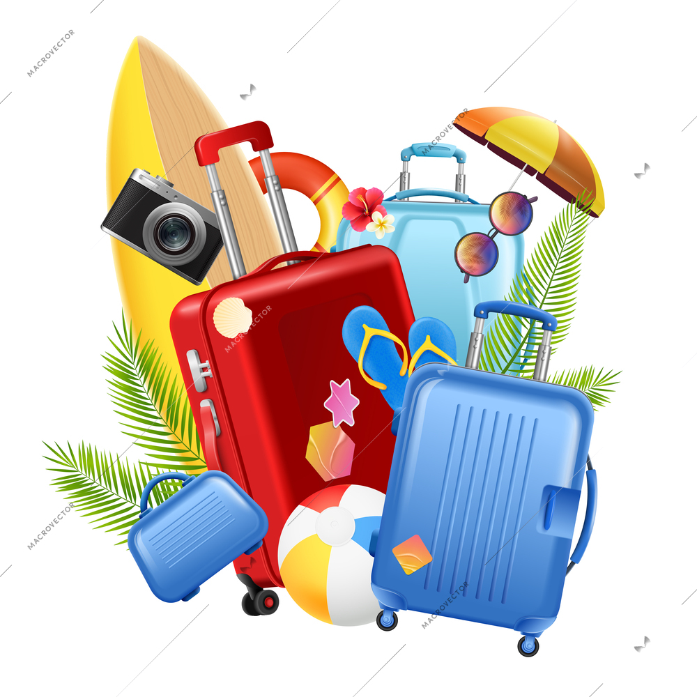 Realistic travel horizontal banner suitcases beach umbrellas and other attributes of tourism gathered together vector illustration