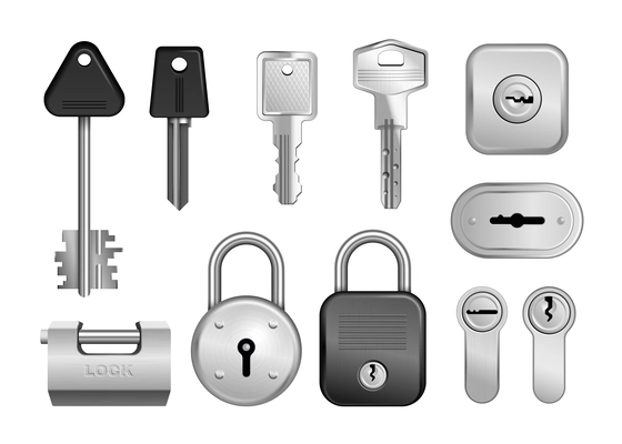 Realistic keys keyholes padlocks icon set keys locks and keyholes for different purposes iron and plastic parts vector illustration