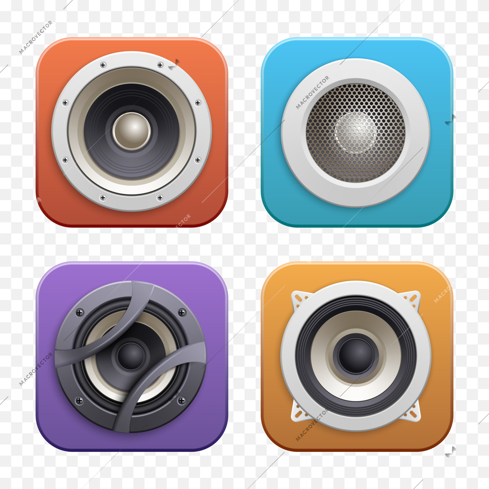 Isometric sound audio music speakers icon set four different speakers with different sound styles and colors vector illustration