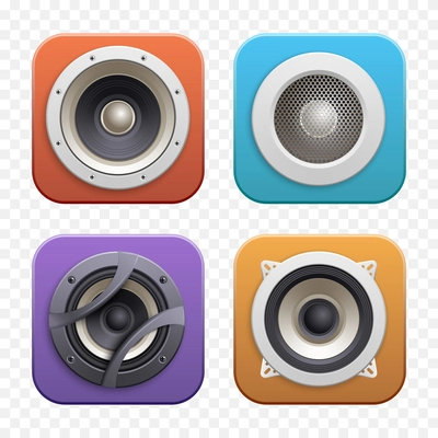 Isometric sound audio music speakers icon set four different speakers with different sound styles and colors vector illustration